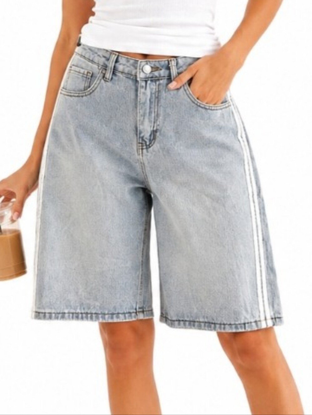 Cali 1850 Women’s 9/29 Light Wash Longline Denim Shorts Side Stripe NEW